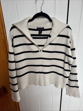Cynthia Rowley Cream and Black Striped Half-Zip Pullover